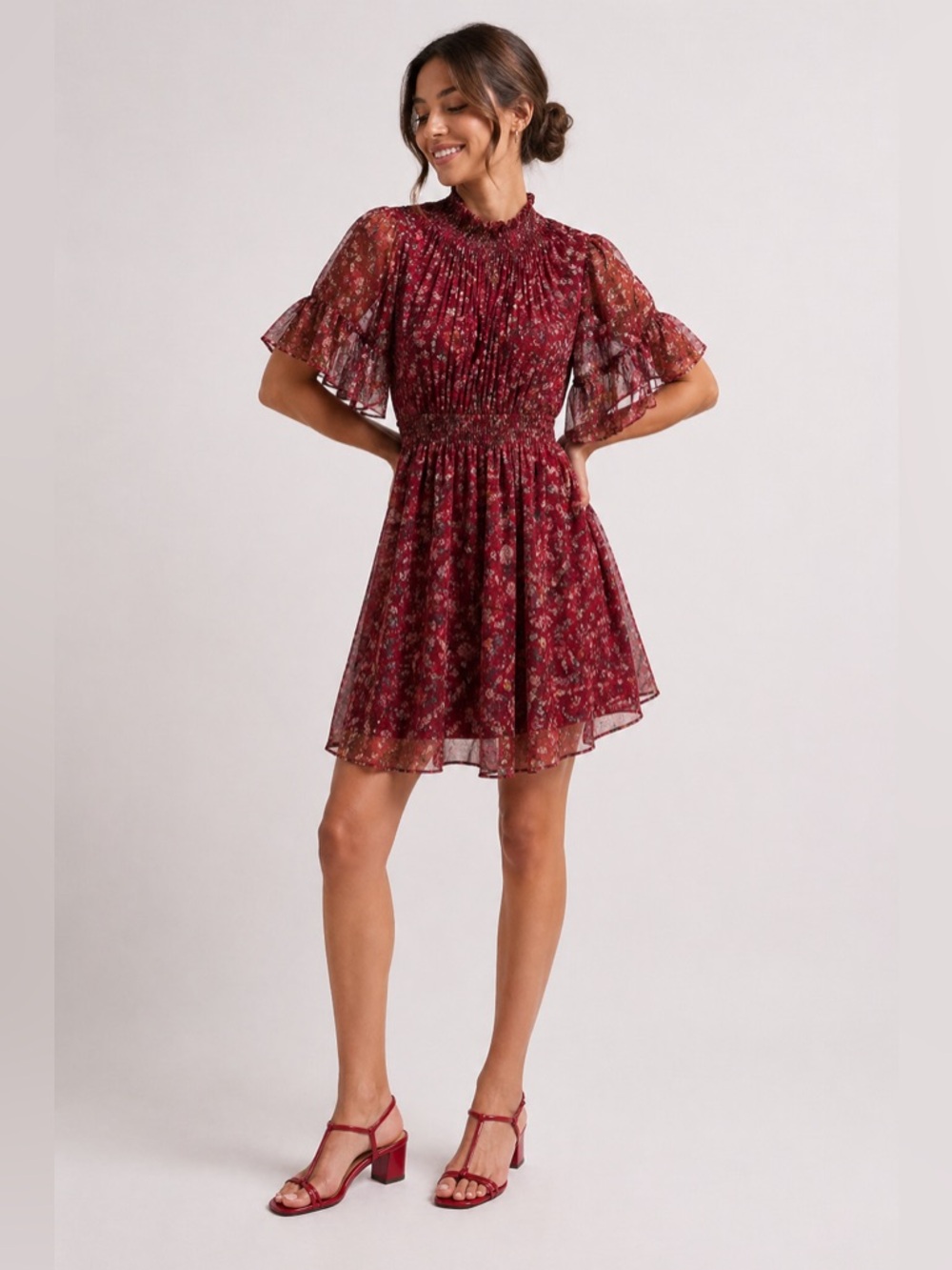 Ranna Gill Franny Smocked Mini Dress XL‎ Red Floral Wedding Guest Party cocktail